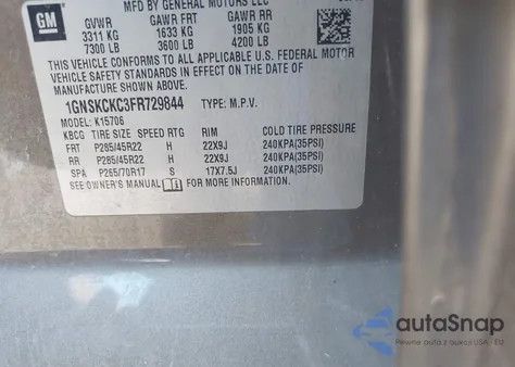 2015 Chevrolet Tahoe Ltz from USA, damaged, VIN 1GNSKCKC3FR729844